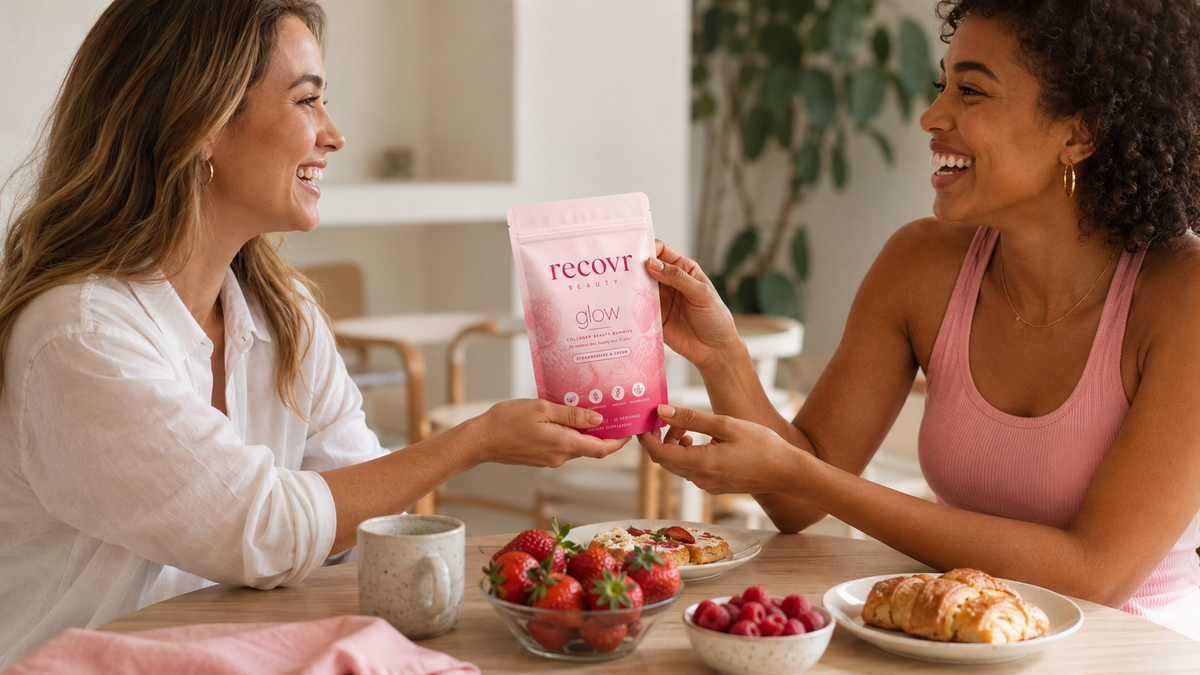 two friends sharing recovr glow collagen beauty gummies at brunch